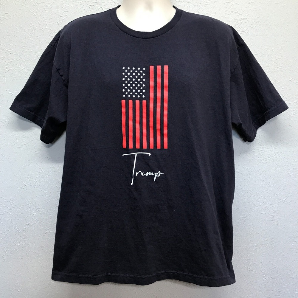 Trump T-Shirt Mens XL USA‎ Flag Navy Blue Script American Made Bayside -A